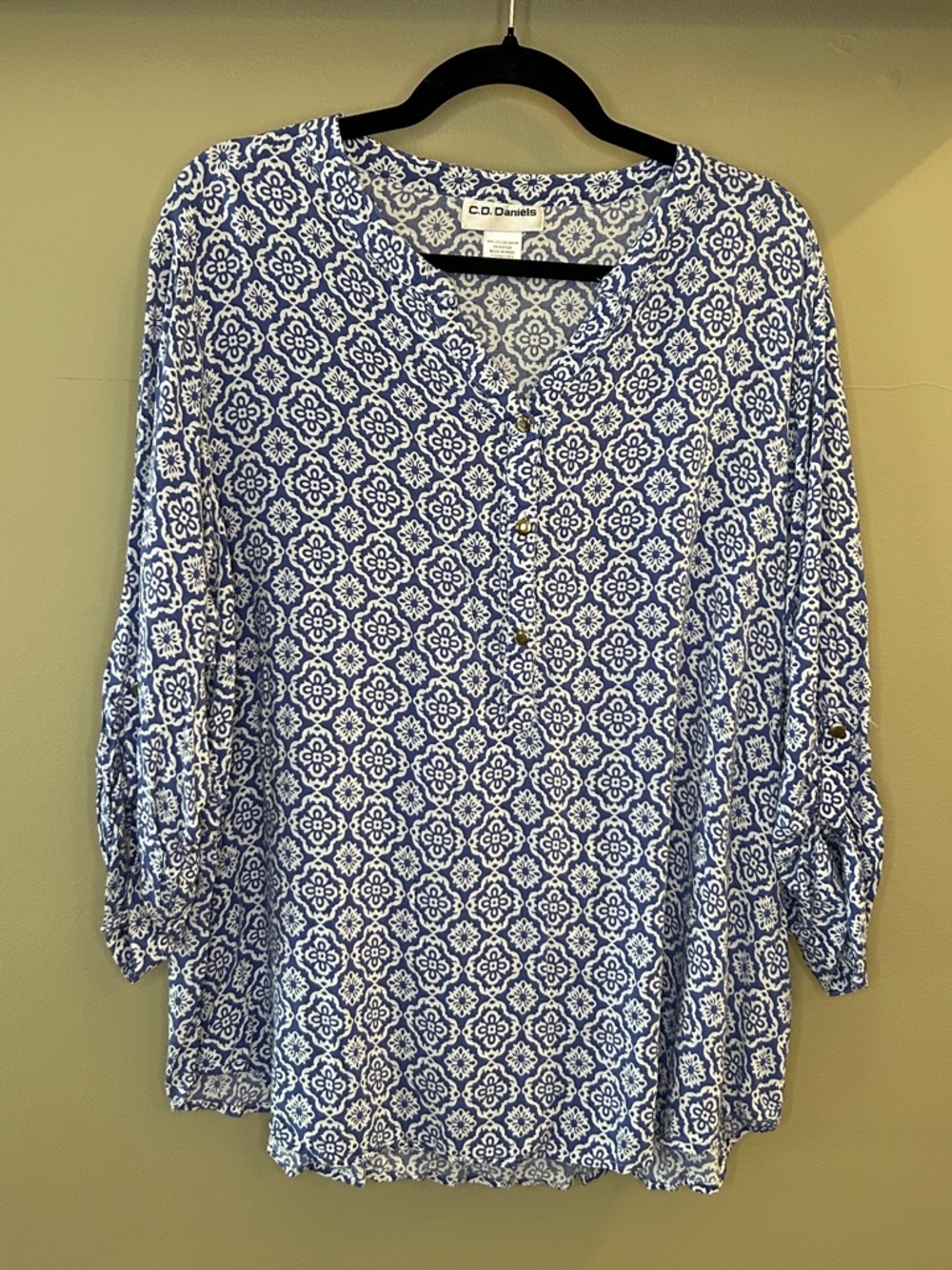Blue Buttoned Blouse with Mandarin Collar